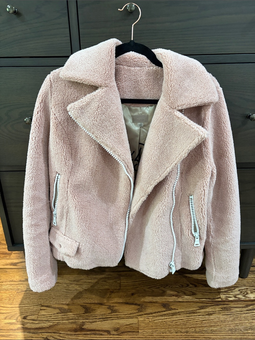 MOTHER Blush Pink Teddy Faux Shearling Moto Jacket